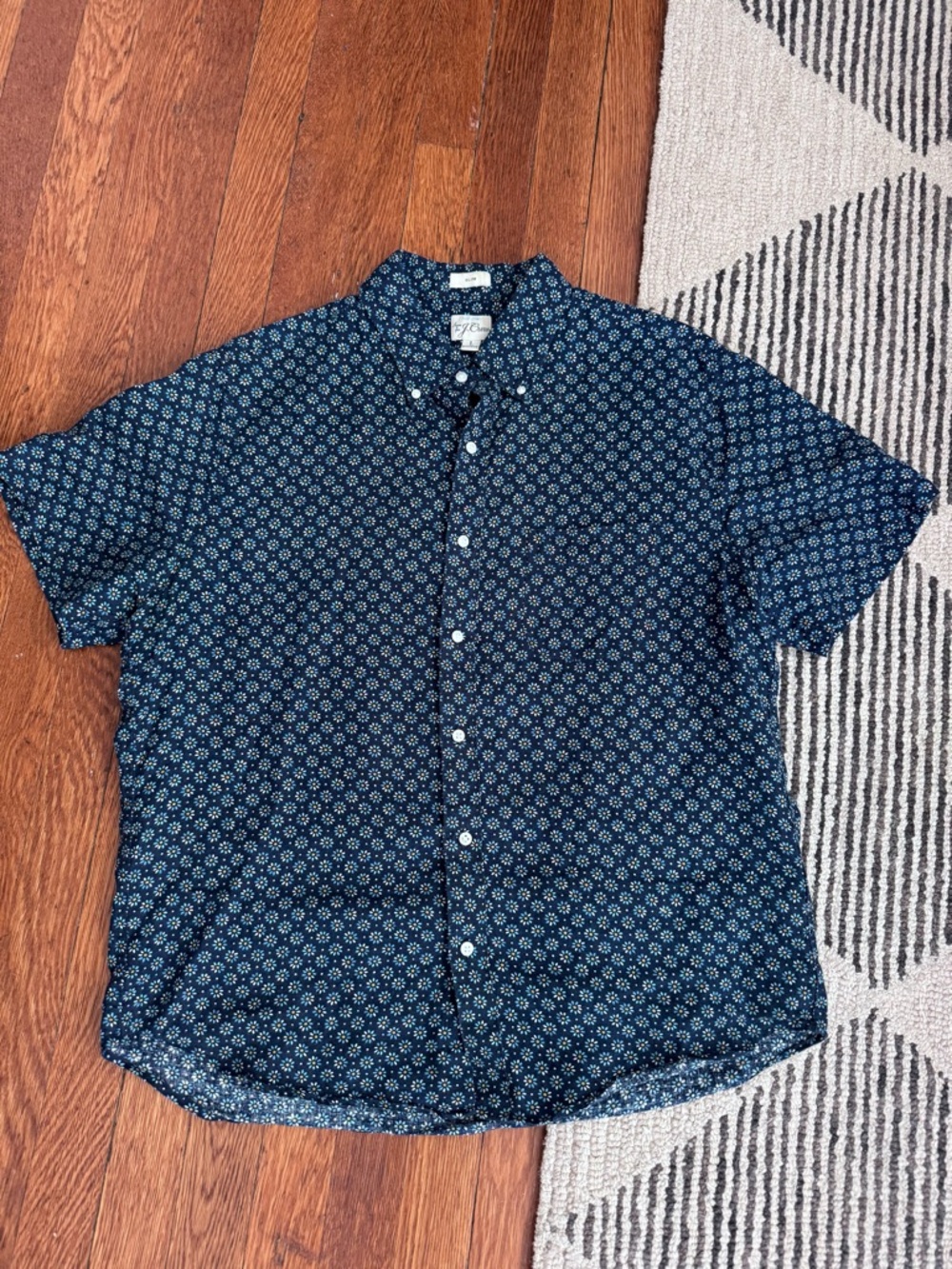 J. Crew Navy Short-Sleeve 100% Linen Button-Down with Small Floral Print